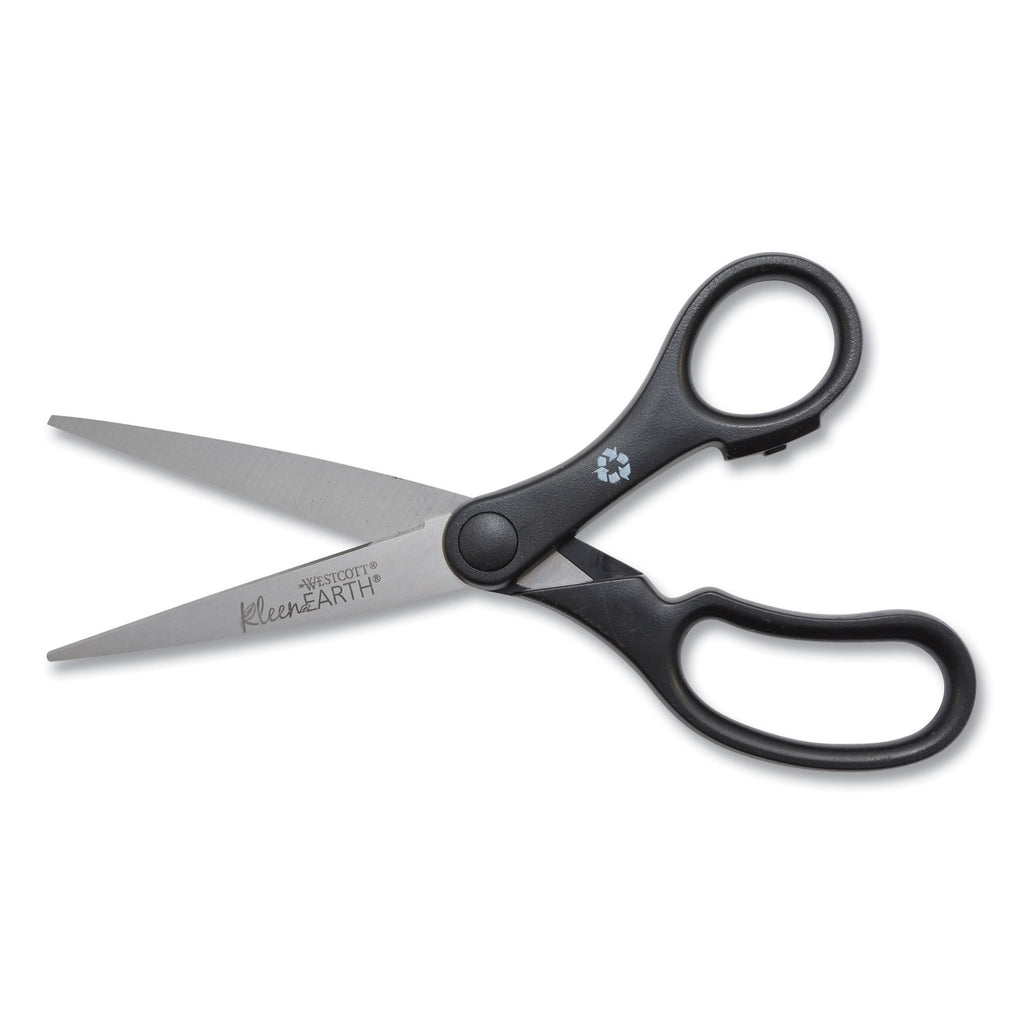 KleenEarth Basic Plastic Handle Scissors, Pointed Tip, 7" Long, 2.8" Cut Length, Black Straight Handle