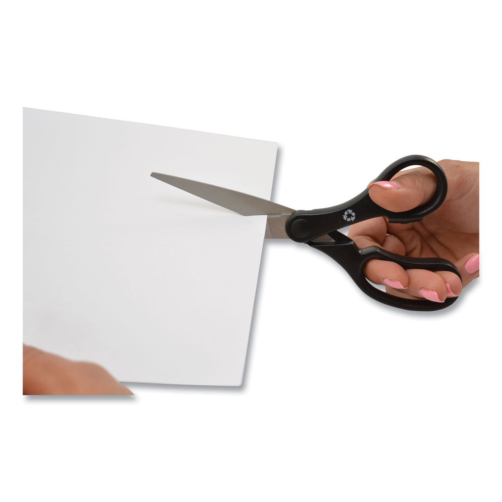 KleenEarth Basic Plastic Handle Scissors, Pointed Tip, 7" Long, 2.8" Cut Length, Black Straight Handle