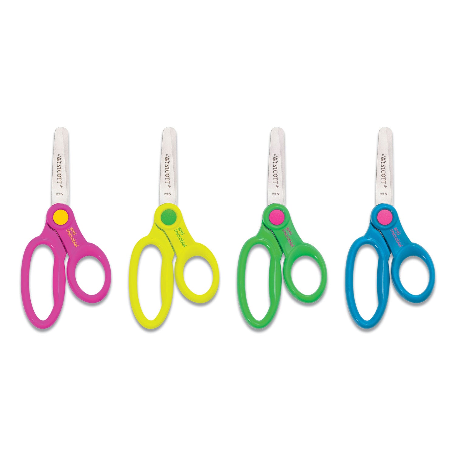 Kids' Scissors with Antimicrobial Protection, Rounded Tip, 5" Long, 2" Cut Length, Assorted Straight Handles, 12/Pack - 