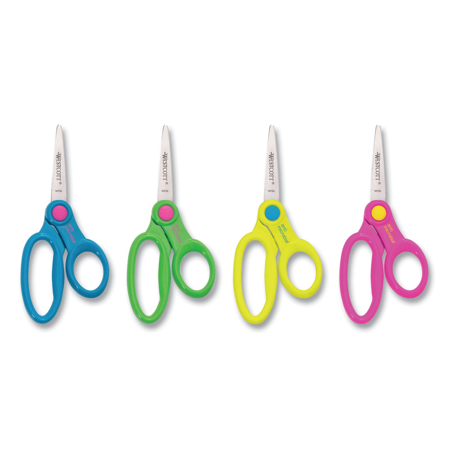 Scissor Caddy with Kids' Scissors, 5" Long, 2" Cut Length, Light Blue; Light Green; Pink; Yellow, Straight Handles, 24/Set - 