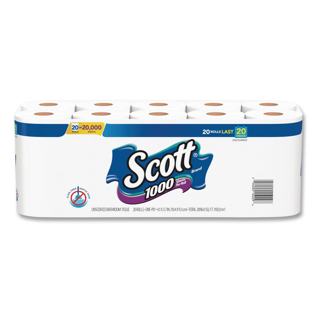 1000 Bathroom Tissue, Septic Safe, 1-Ply, White, 1,000 Sheet/Roll, 20/Pack