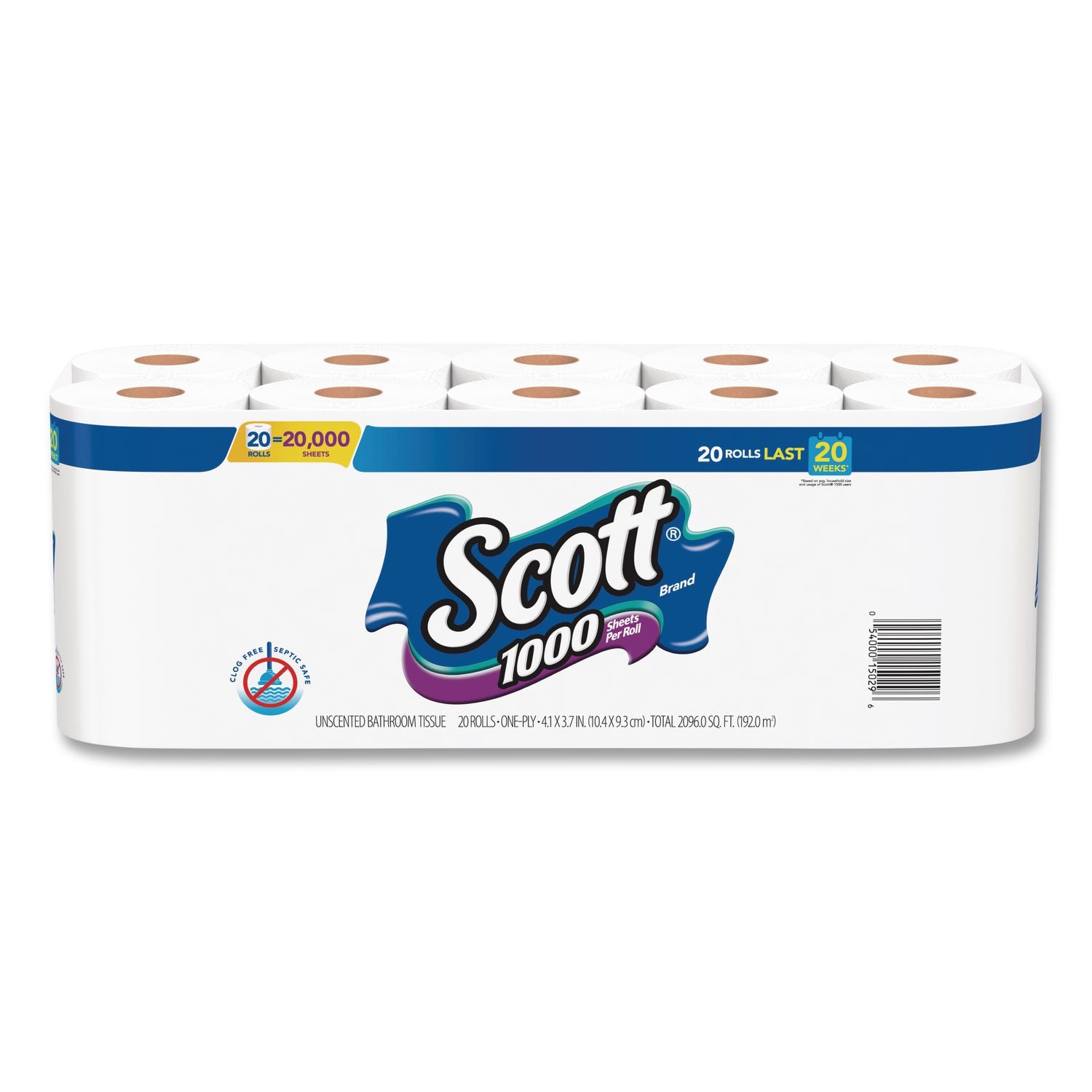 Standard Roll Bathroom Tissue, Septic Safe, 1-Ply, White, 1,000 Sheets/Roll, 20/Pack, 2 Packs/Carton