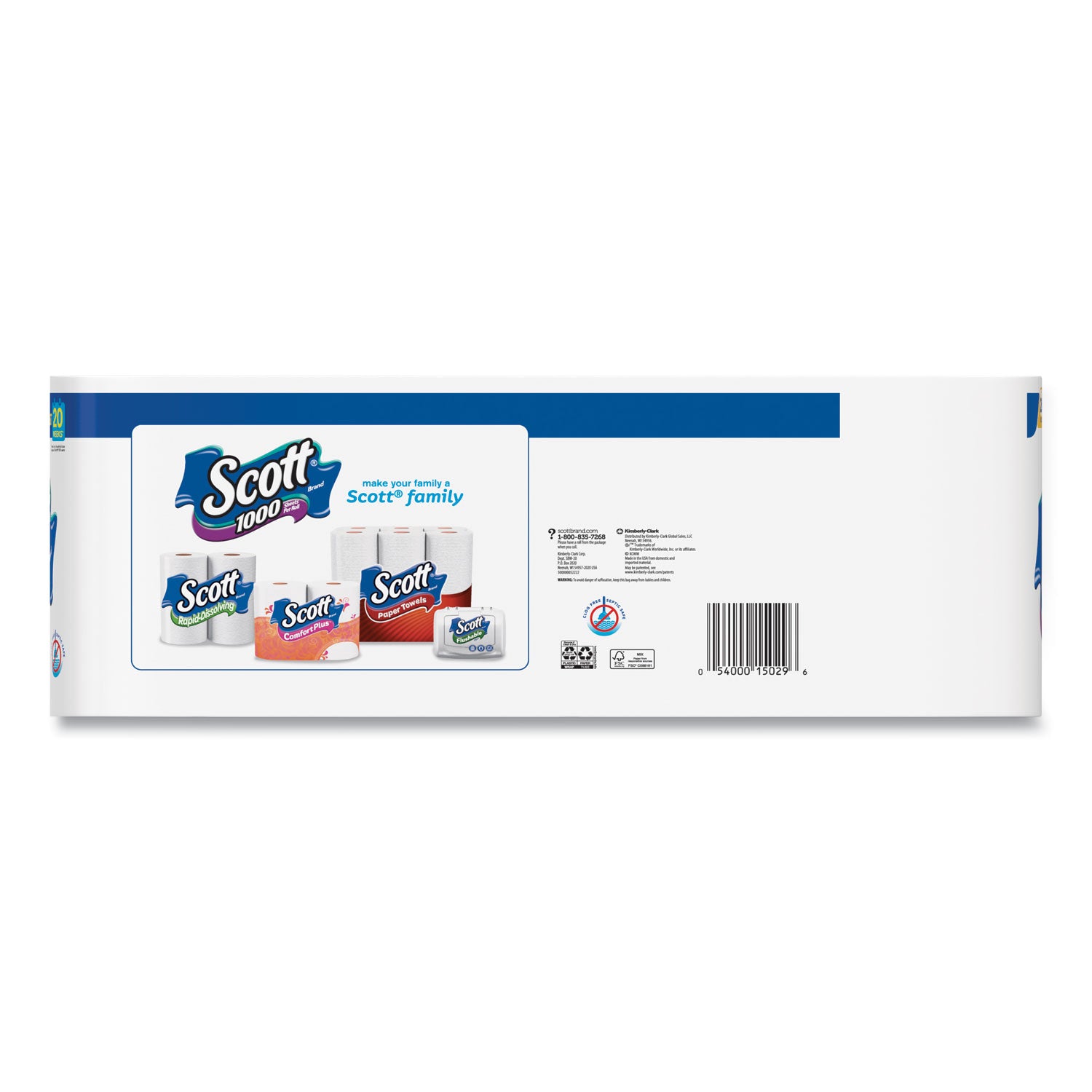 Standard Roll Bathroom Tissue, Septic Safe, 1-Ply, White, 1,000 Sheets/Roll, 20/Pack, 2 Packs/Carton