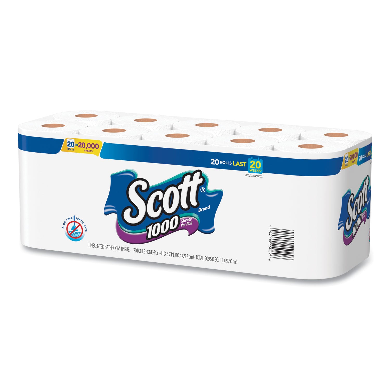 1000 Bathroom Tissue, Septic Safe, 1-Ply, White, 1,000 Sheet/Roll, 20/Pack