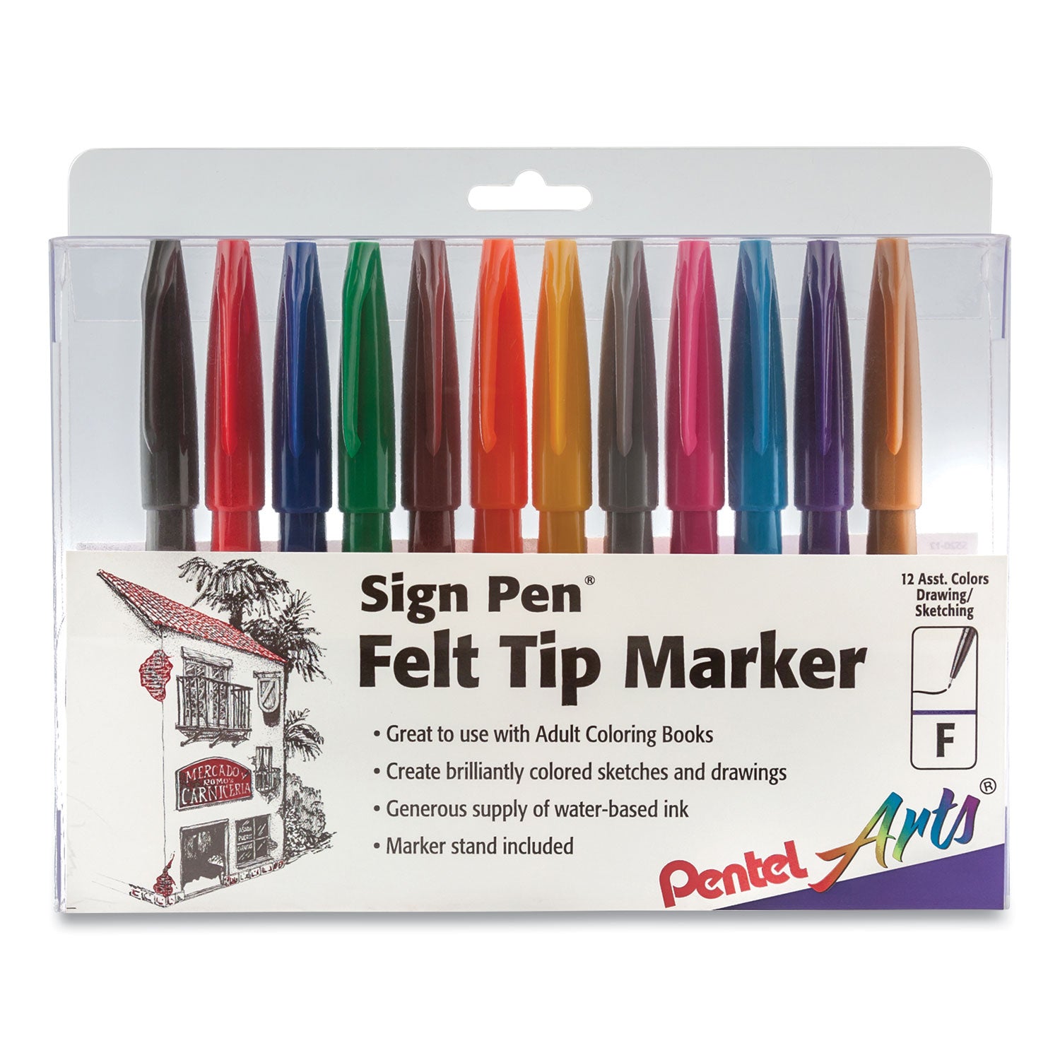 Sign Pen Fine Point Color Marker, Extra-Fine Bullet Tip, Assorted Colors, 12/Set - 