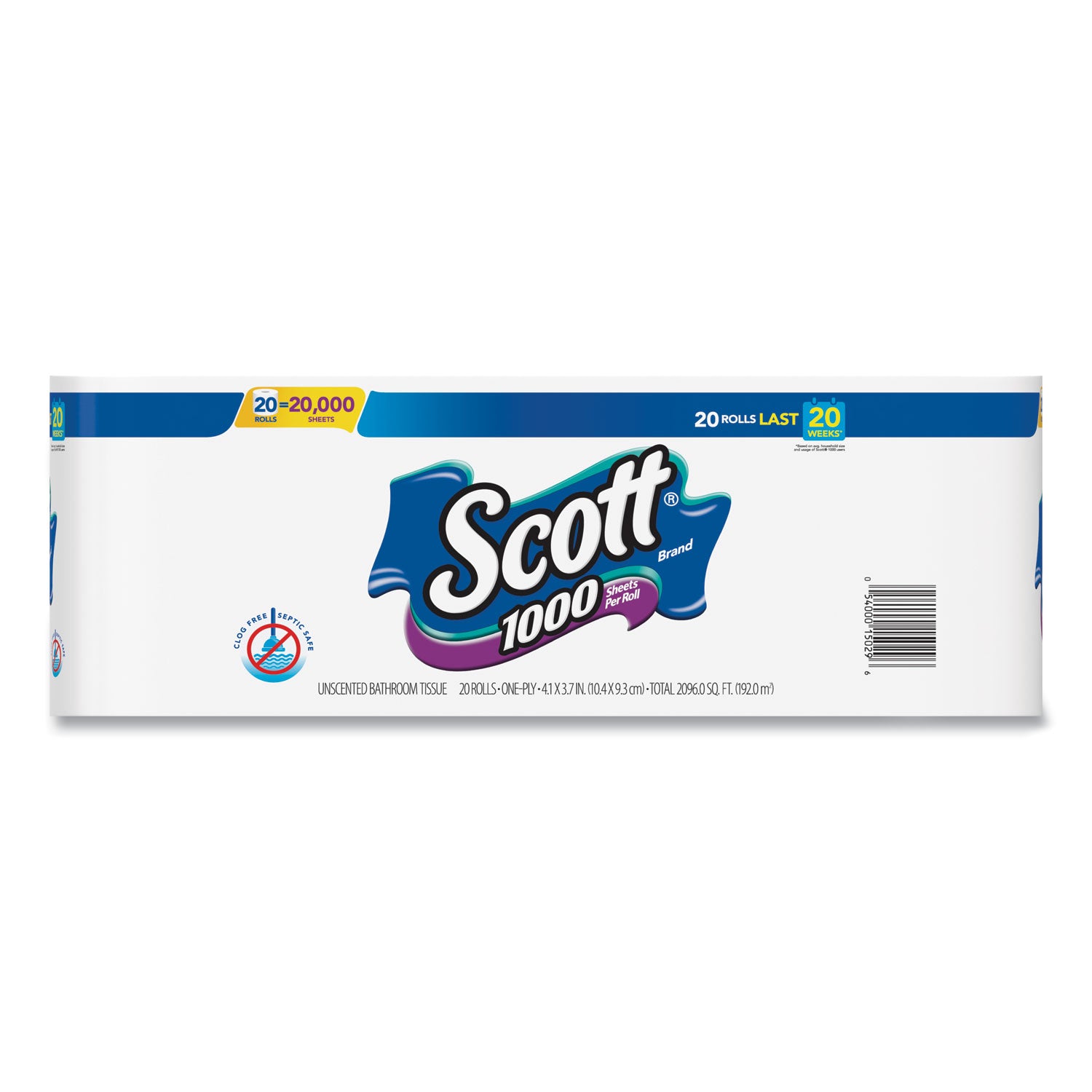 Standard Roll Bathroom Tissue, Septic Safe, 1-Ply, White, 1,000 Sheets/Roll, 20/Pack, 2 Packs/Carton