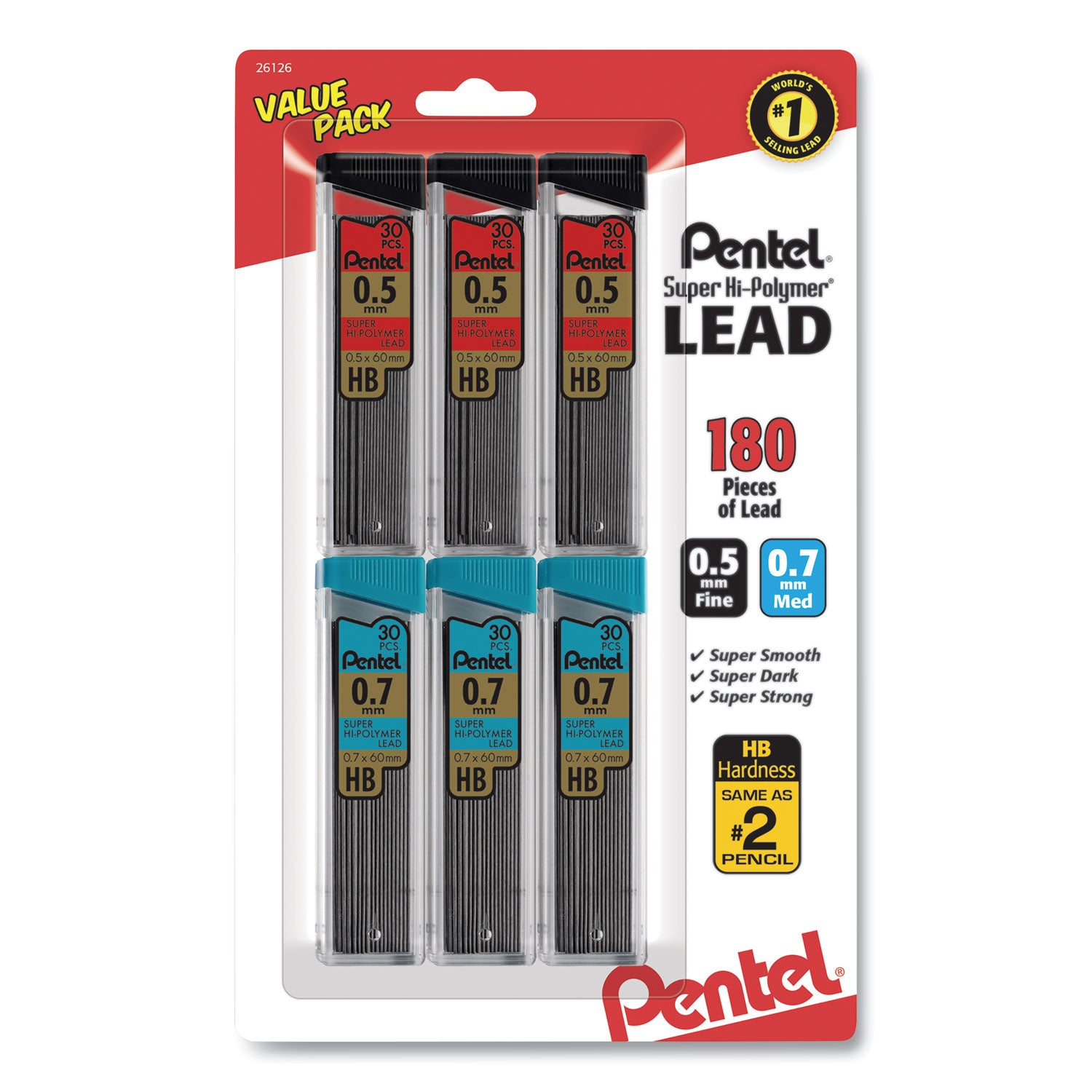 Super Hi-Polymer Lead Refill Value Pack, 0.5 mm; 0.7 mm, HB, Black, 30/Tube, 6 Tubes/Pack - 