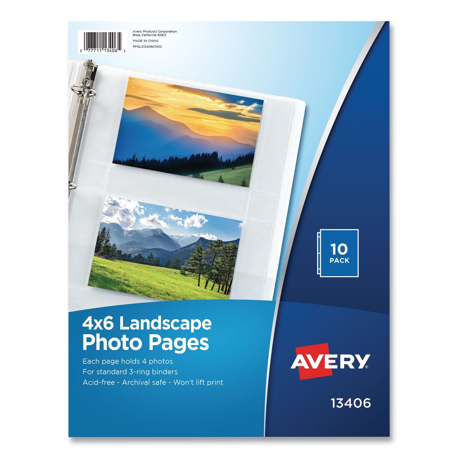 Photo Storage Pages for Four 4 x 6 Horizontal Photos, 3-Hole Punched, 10/Pack - 