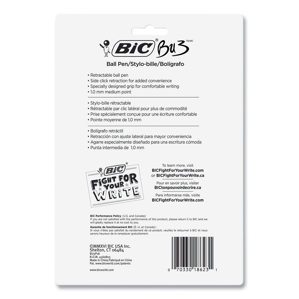 BU3 Ballpoint Pen, Retractable, Medium 1 mm, Black Ink, Smoke/Black Barrel, 18/Pack