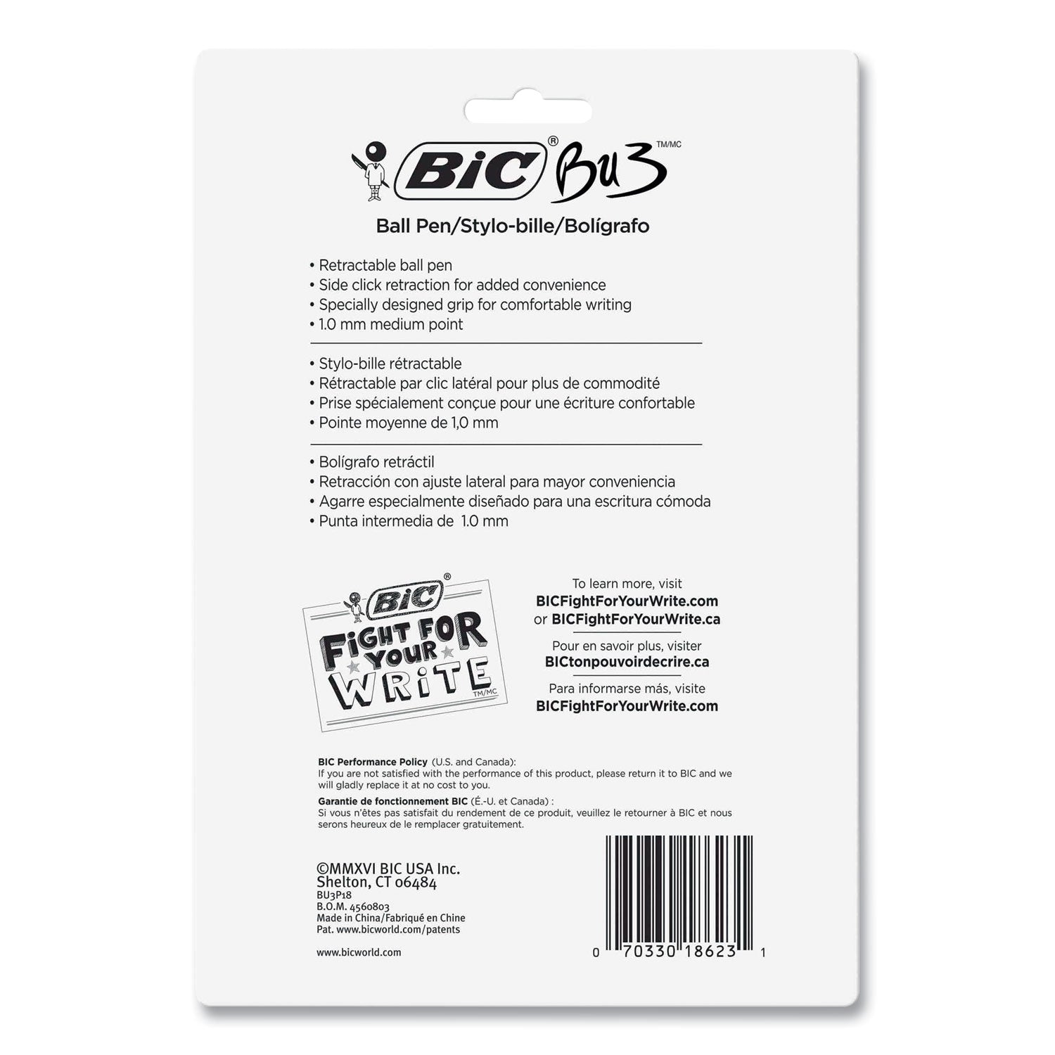 BU3 Ballpoint Pen, Retractable, Medium 1 mm, Black Ink, Smoke/Black Barrel, 18/Pack