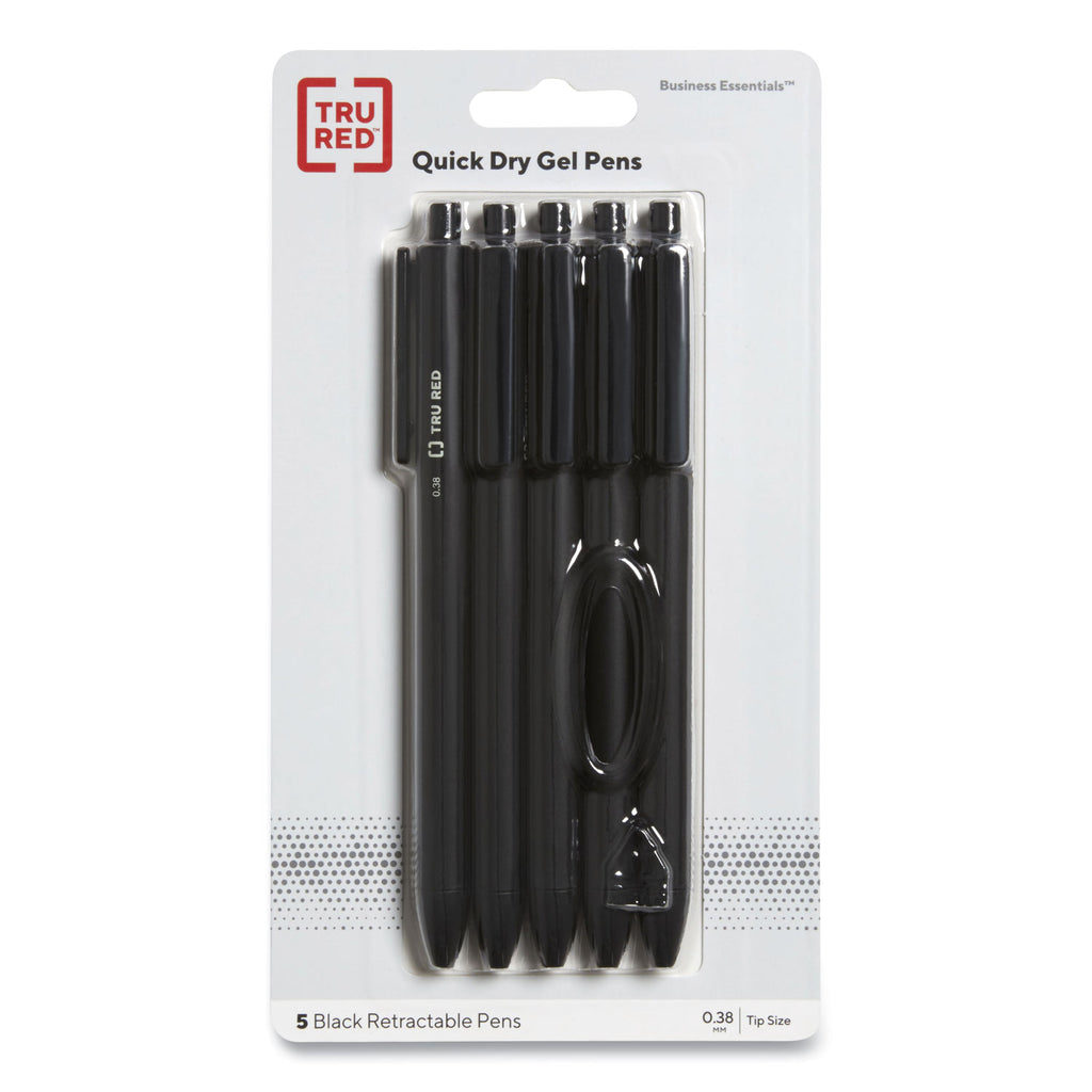 Quick Dry Gel Pen, Retractable, Extra-Fine 0.38 mm, Black Ink, Black Barrel, 5/Pack