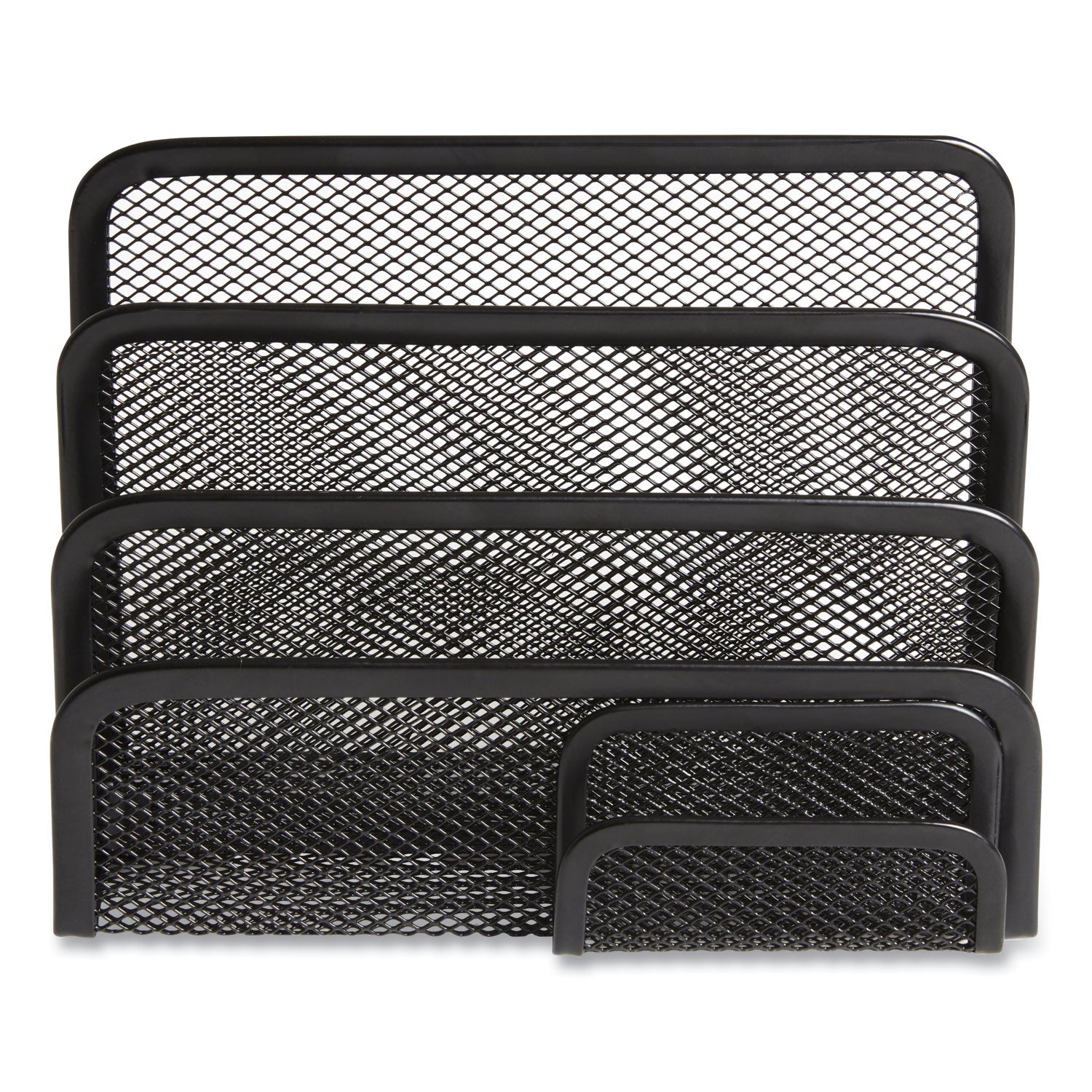 Wire Mesh Mail Sorter with Business Card Holder, 4 Sections, #6 1/4 to #16 Envelopes, 5.59 x 3.93 x 7.55, Matte Black