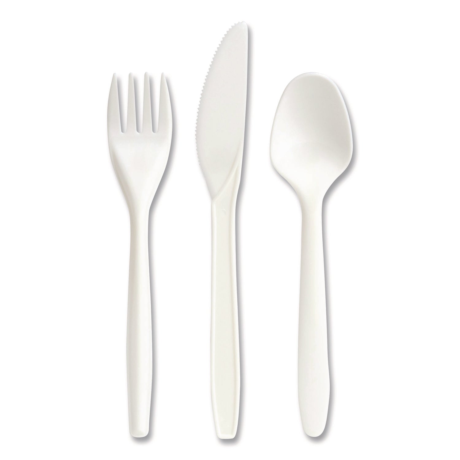 Eco-ID Mediumweight Compostable Cutlery, Fork/Knife/Teaspoon, White, 120 Sets/Pack