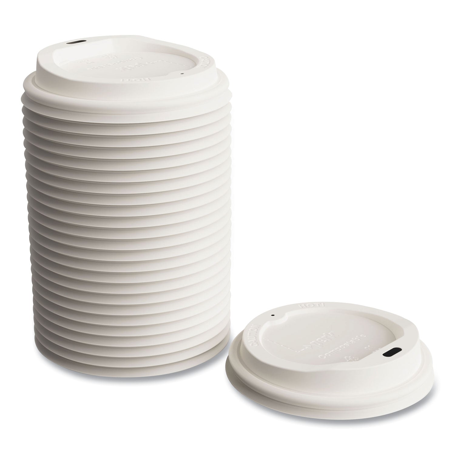Compostable Plastic Hot Cup Lids, Fits 10 oz , 12 oz, 16 oz Cups, White, 50/Pack