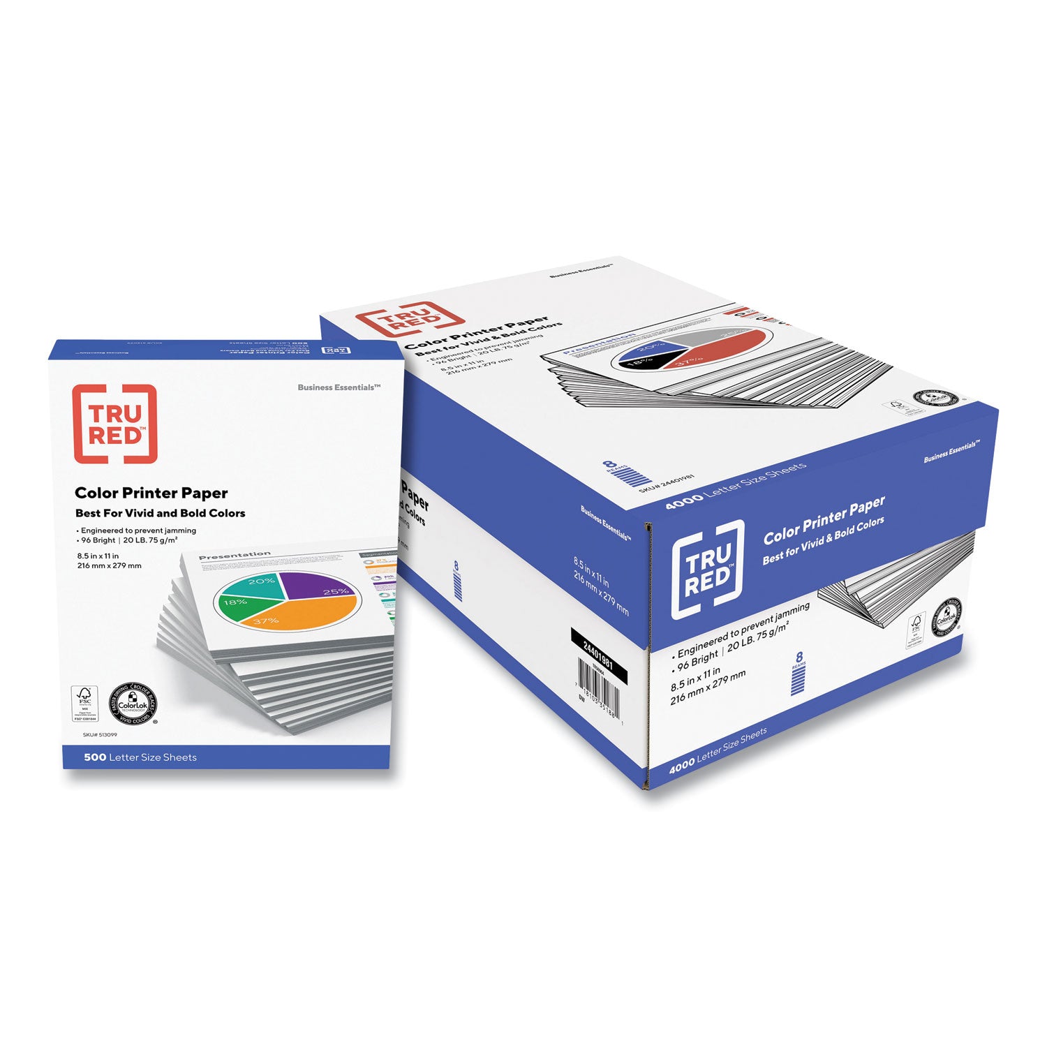 Color Printer Paper, 96 Bright, 20 lb Bond Weight, 8.5 x 11, 500 Sheets/Ream, 8 Reams/Carton