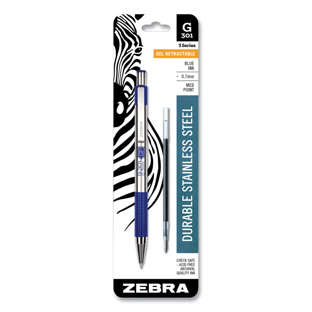 G-301 Gel Pen, Retractable, Medium 0.7 mm, Blue Ink, Stainless Steel/Blue Barrel - 