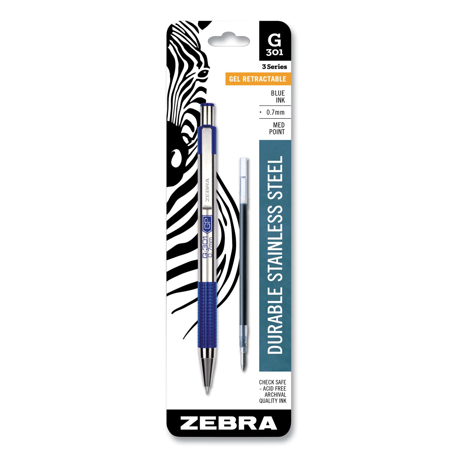 G-301 Gel Pen, Retractable, Medium 0.7 mm, Blue Ink, Stainless Steel/Blue Barrel - 