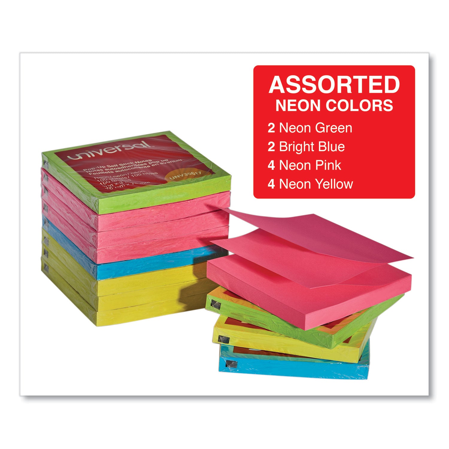 Fan-Folded Self-Stick Pop-Up Note Pads, 3" x 3", Assorted Neon Colors, 100 Sheets/Pad, 12 Pads/Pack - 