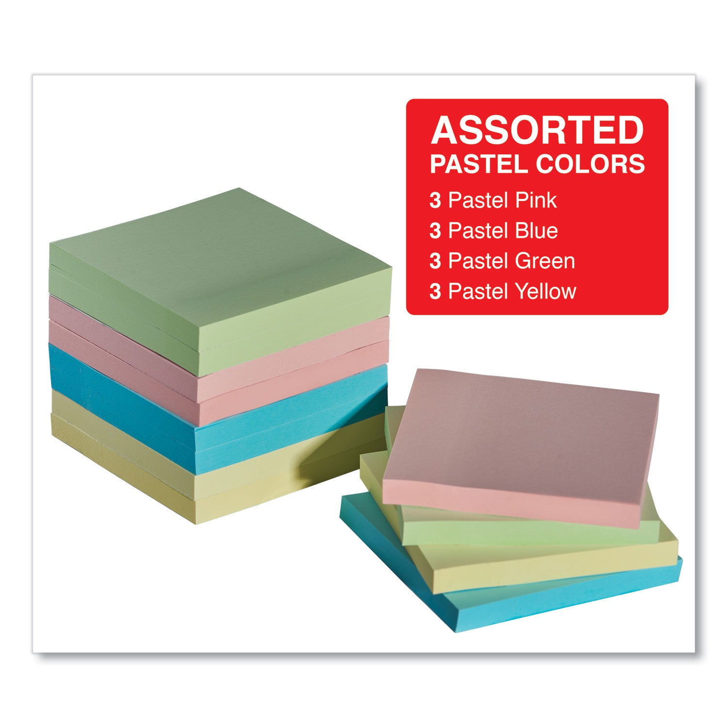 Self-Stick Note Pads, 3" x 3", Assorted Pastel Colors, 100 Sheets/Pad, 12 Pads/Pack - 