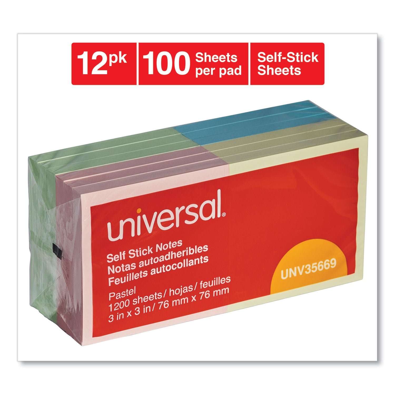 Self-Stick Note Pads, 3" x 3", Assorted Pastel Colors, 100 Sheets/Pad, 12 Pads/Pack - 
