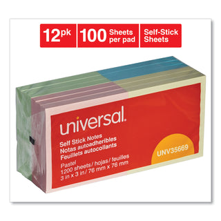 Self-Stick Note Pads, 3" x 3", Assorted Pastel Colors, 100 Sheets/Pad, 12 Pads/Pack - 