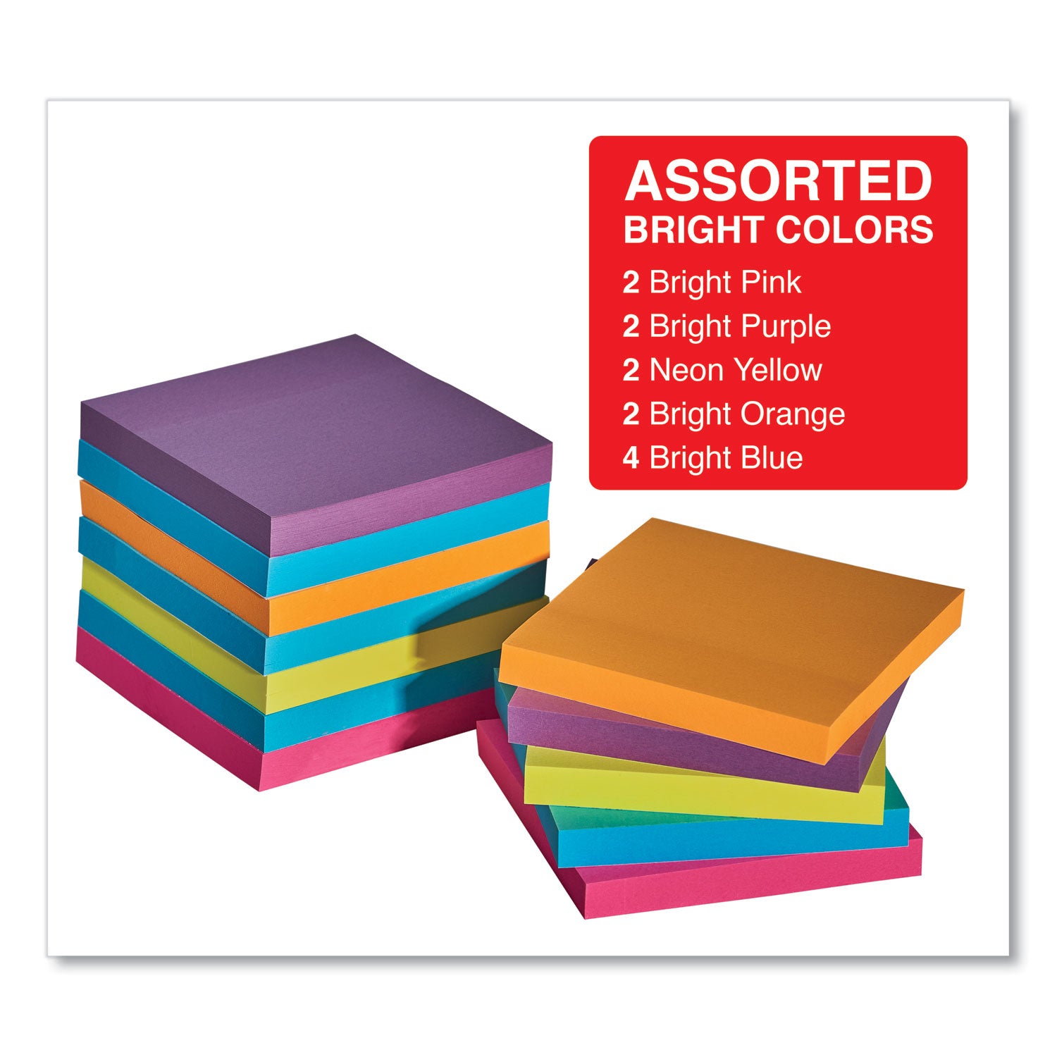 Self-Stick Note Pads, 3" x 3", Assorted Bright Colors, 100 Sheets/Pad, 12 Pads/Pack - 