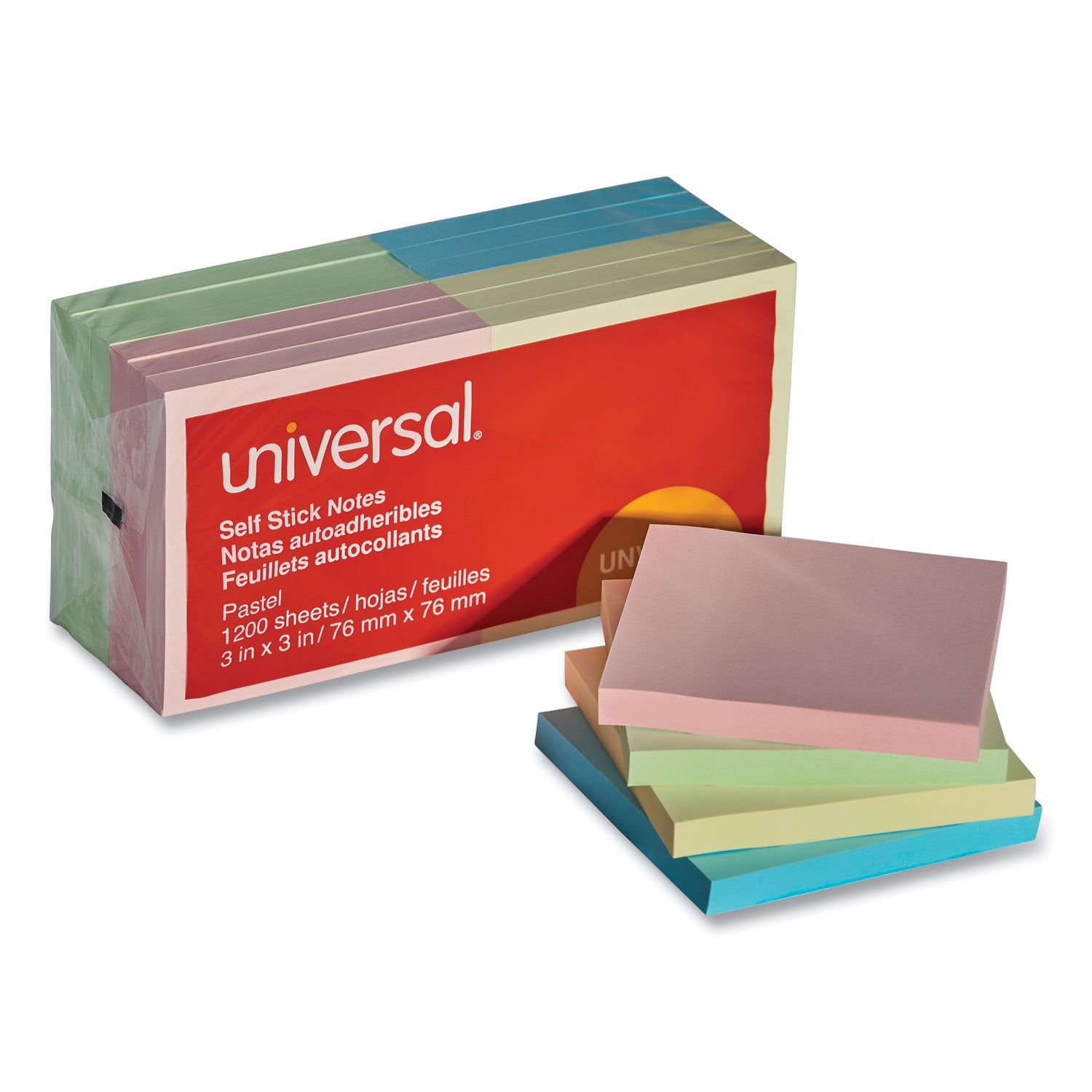 Self-Stick Note Pads, 3" x 3", Assorted Pastel Colors, 100 Sheets/Pad, 12 Pads/Pack - 