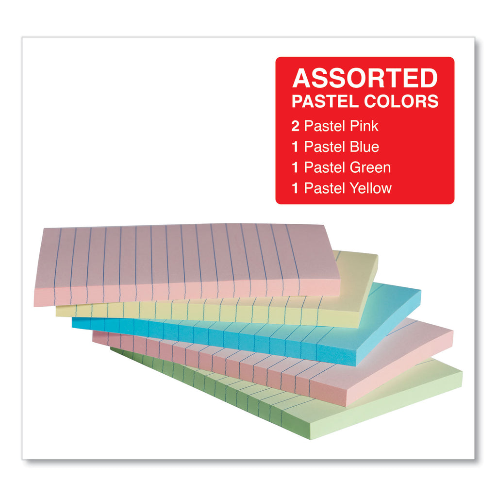 Self-Stick Note Pads, Note Ruled, 4" x 6", Assorted Pastel Colors, 100 Sheets/Pad, 5 Pads/Pack - 