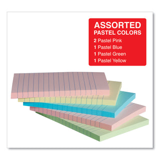 Self-Stick Note Pads, Note Ruled, 4" x 6", Assorted Pastel Colors, 100 Sheets/Pad, 5 Pads/Pack - 