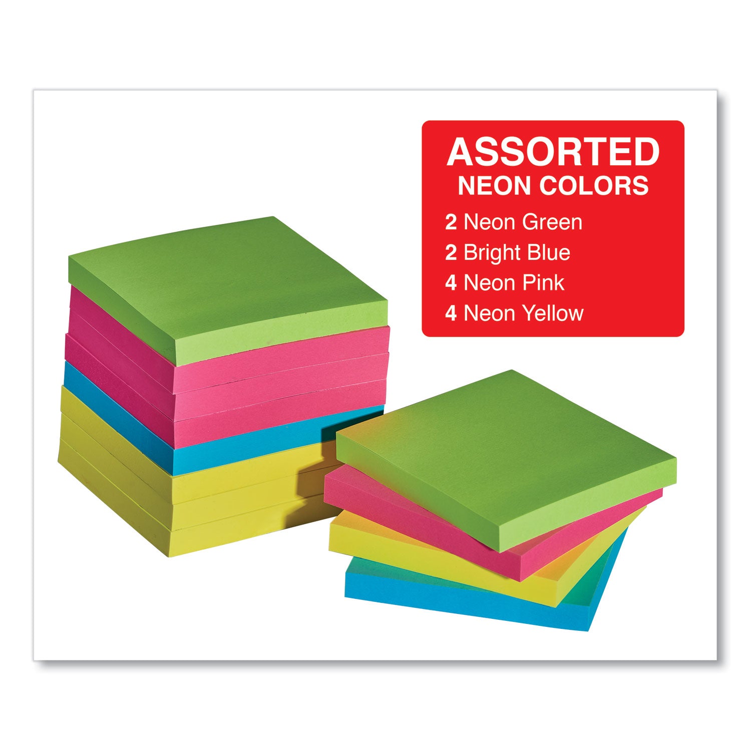 Self-Stick Note Pads, 3" x 3", Assorted Neon Colors, 100 Sheets/Pad, 12 Pads/Pack - 
