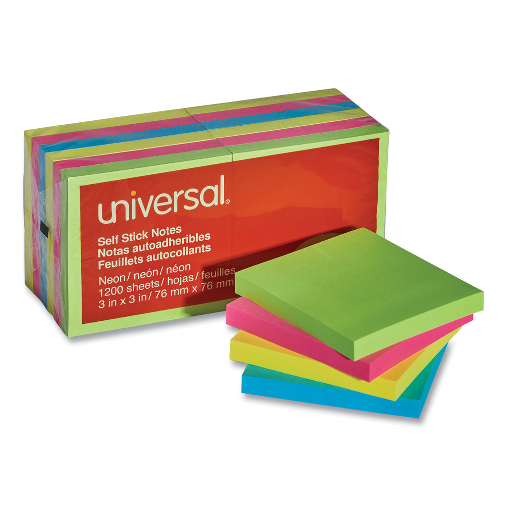 Self-Stick Note Pads, 3" x 3", Assorted Neon Colors, 100 Sheets/Pad, 12 Pads/Pack - 