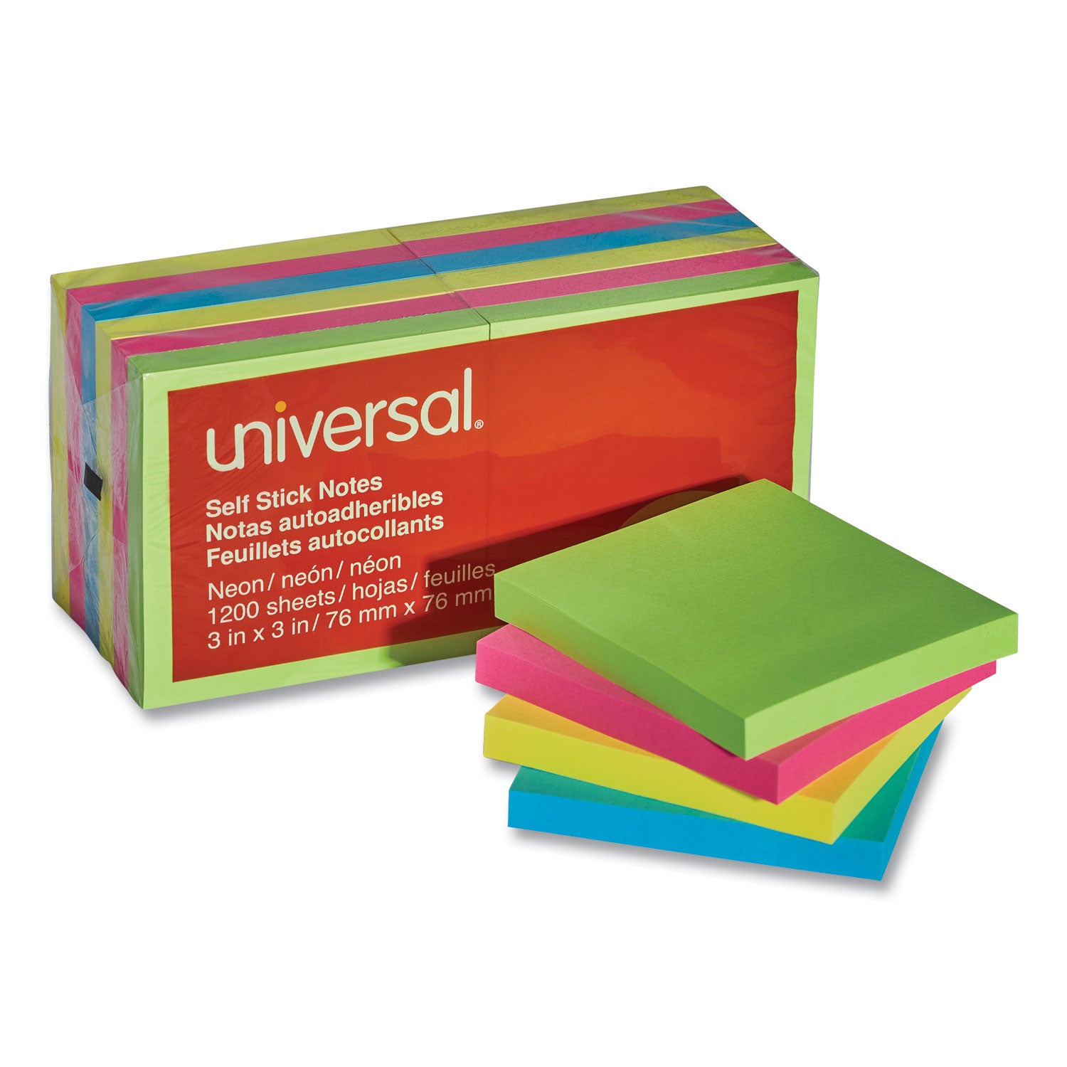 Self-Stick Note Pads, 3" x 3", Assorted Neon Colors, 100 Sheets/Pad, 12 Pads/Pack - 