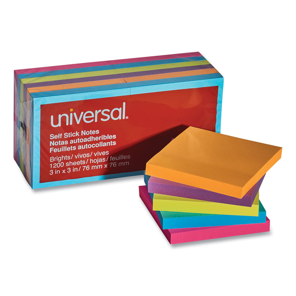 Self-Stick Note Pads, 3" x 3", Assorted Bright Colors, 100 Sheets/Pad, 12 Pads/Pack - 