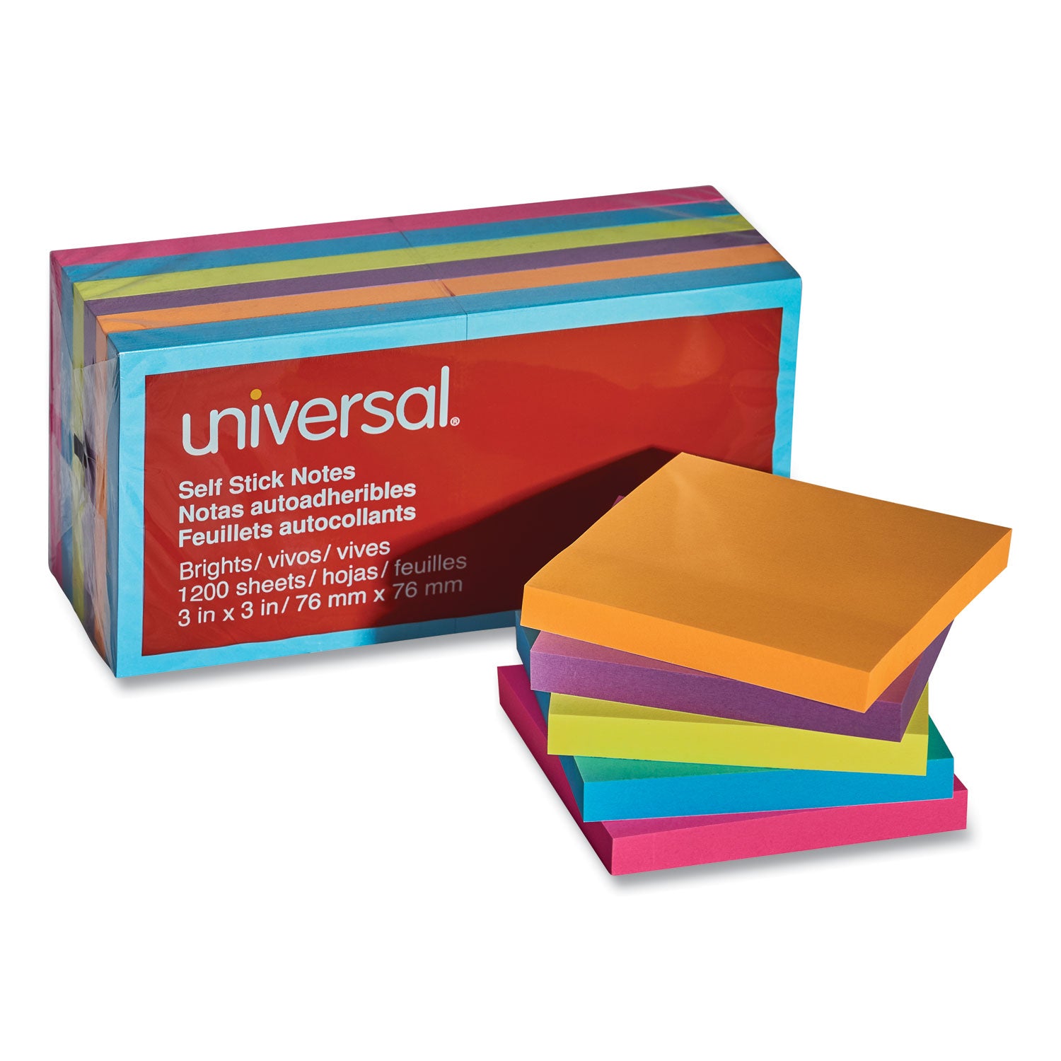 Self-Stick Note Pads, 3" x 3", Assorted Bright Colors, 100 Sheets/Pad, 12 Pads/Pack - 