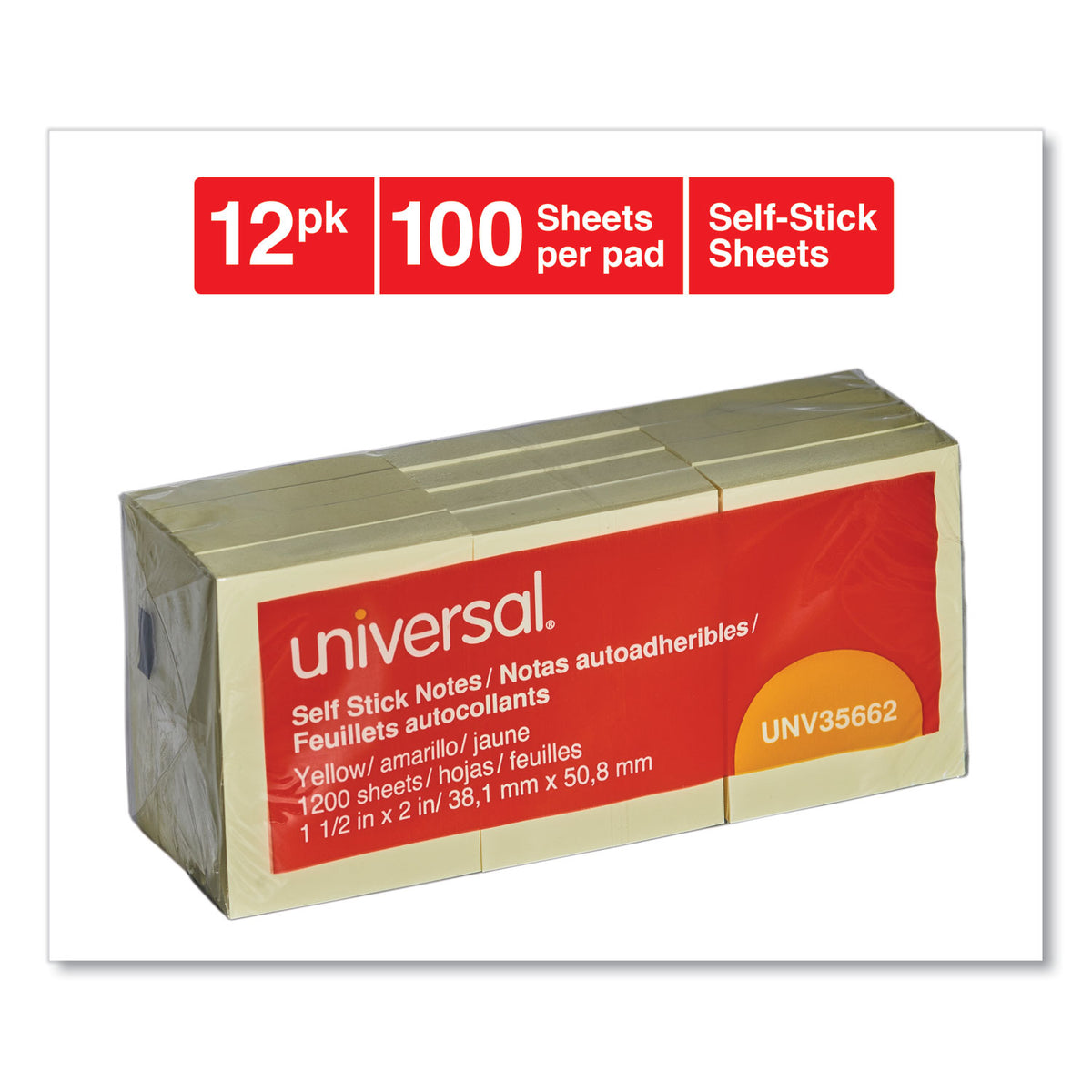 Self-Stick Note Pads, 1.5" x 2", Yellow, 100 Sheets/Pad, 12 Pads/Pack