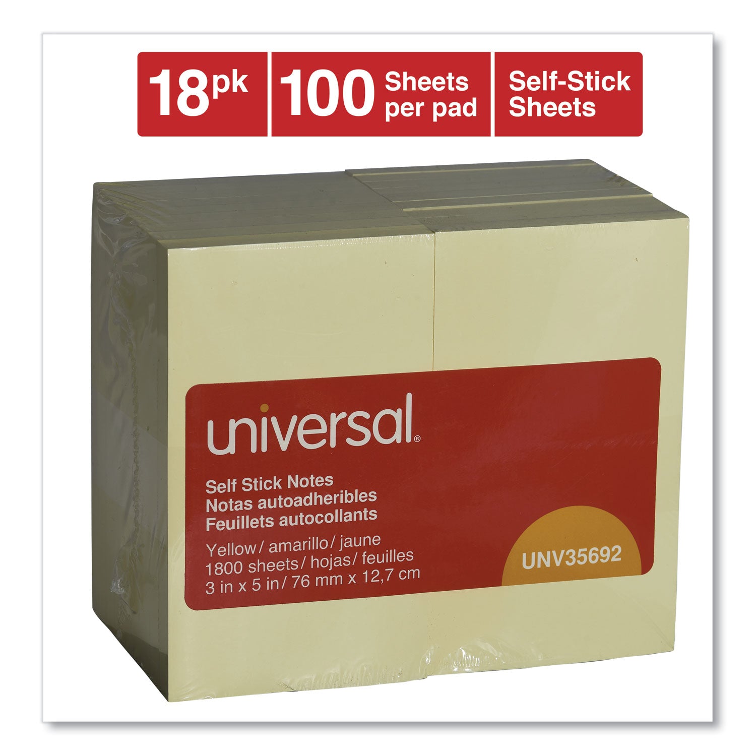 Self-Stick Note Pad Value Pack, 3" x 5", Yellow, 100 Sheets/Pad, 18 Pads/Pack - 