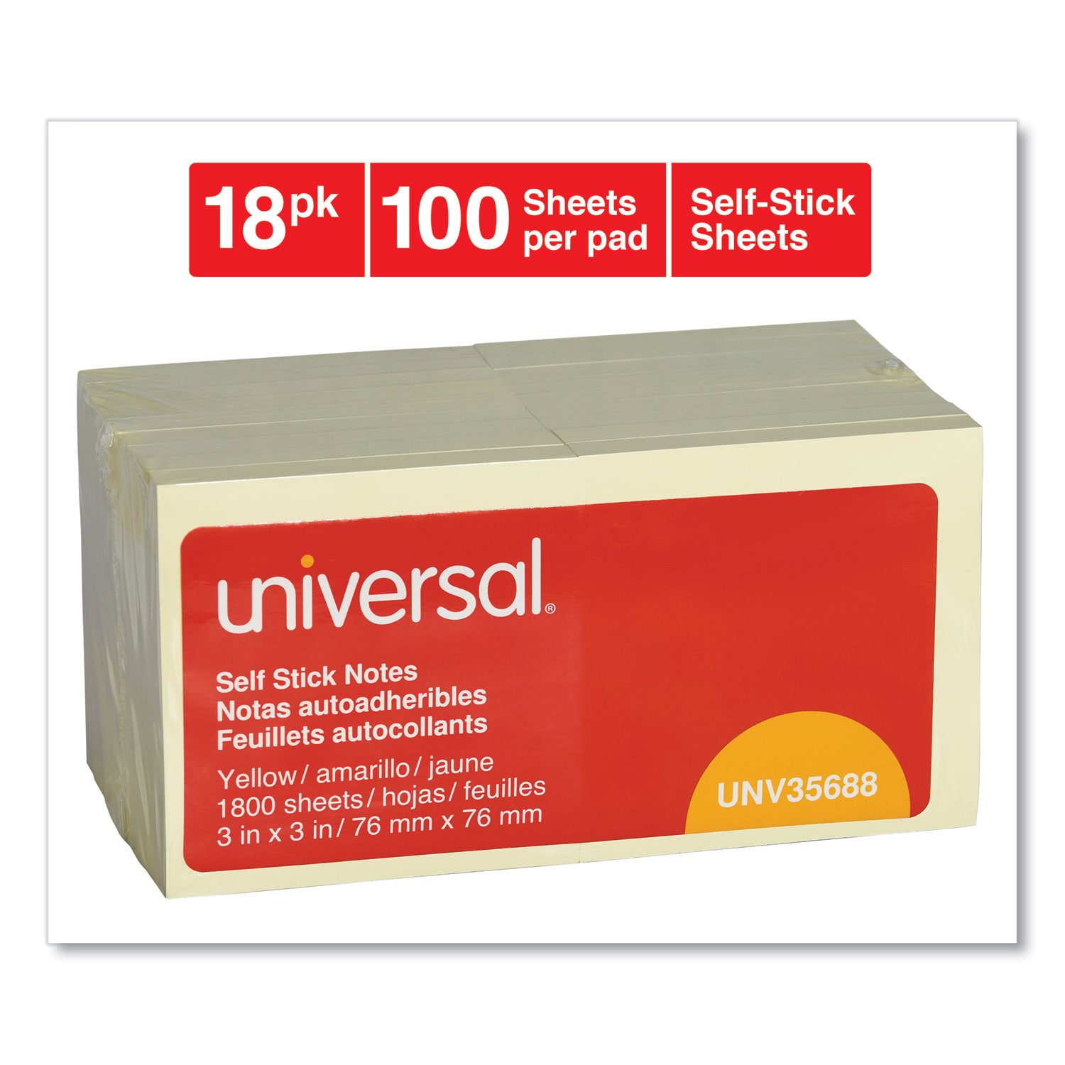 Self-Stick Note Pad Value Pack, 3" x 3", Yellow, 100 Sheets/Pad, 18 Pads/Pack - 