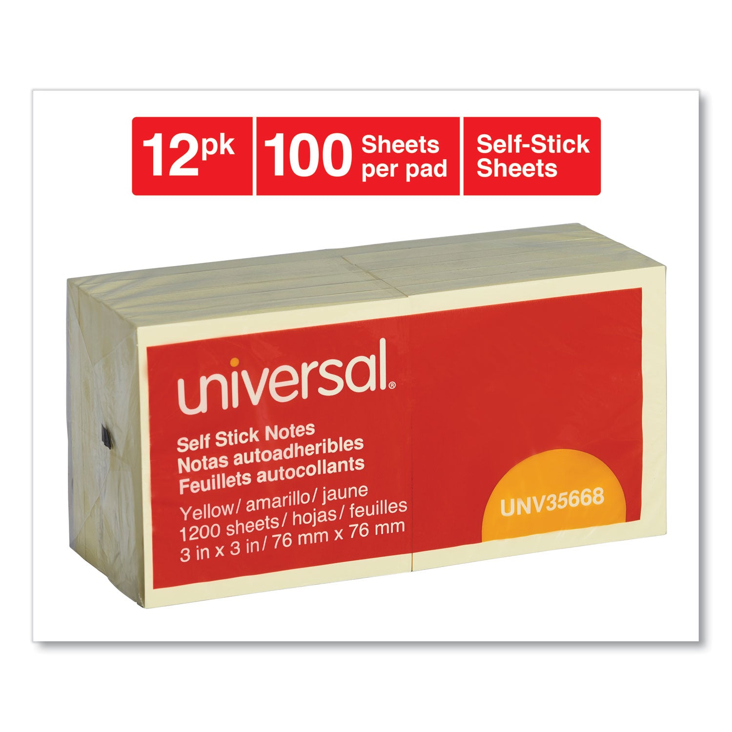 Self-Stick Note Pads, 3" x 3", Yellow, 100 Sheets/Pad, 12 Pads/Pack - 