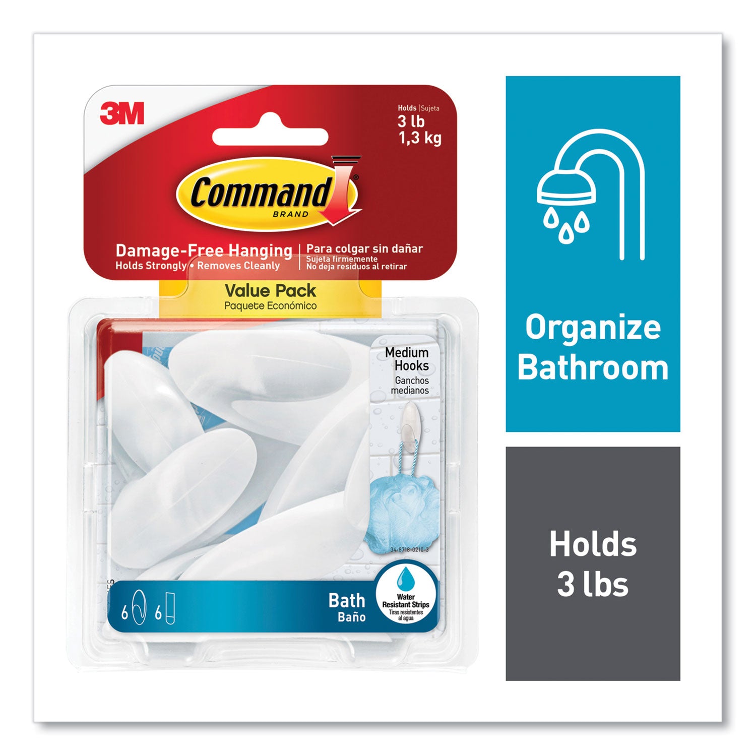 Medium Bath Hooks Value Pack, Plastic, White, 3 lb Capacity, 6 Hooks and 6 Strips