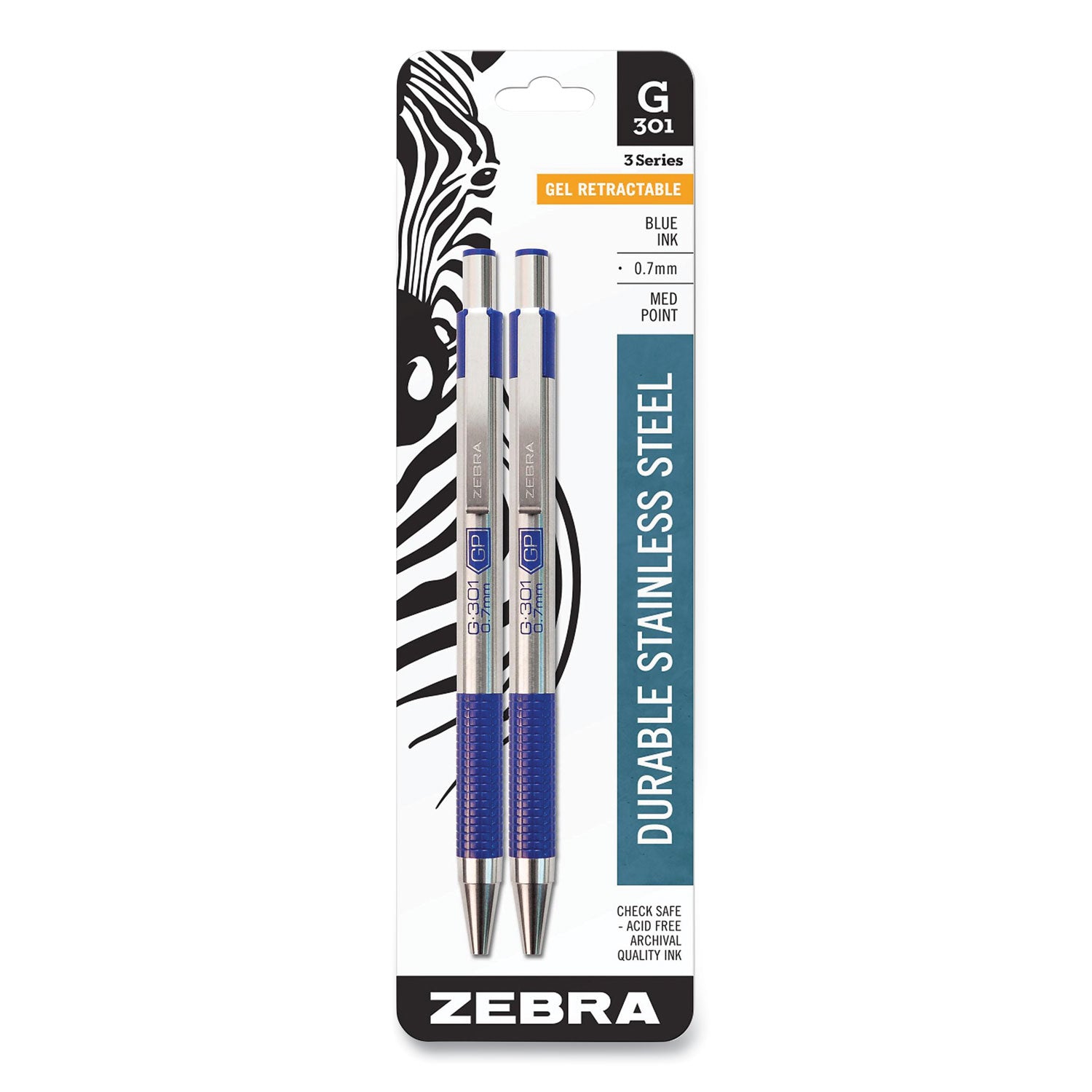 G-301 Gel Pen, Retractable, Medium 0.7 mm, Blue Ink, Stainless Steel/Blue Barrel, 2/Pack