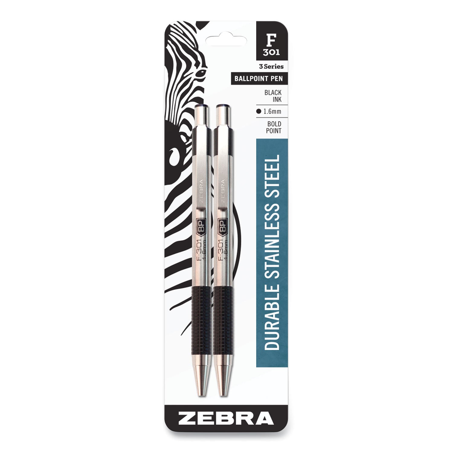 f-301-ballpoint-pen-retractable-bold-16-mm-black-ink-stainless-steel-black-barrel-2-pack_zeb27312 - 2