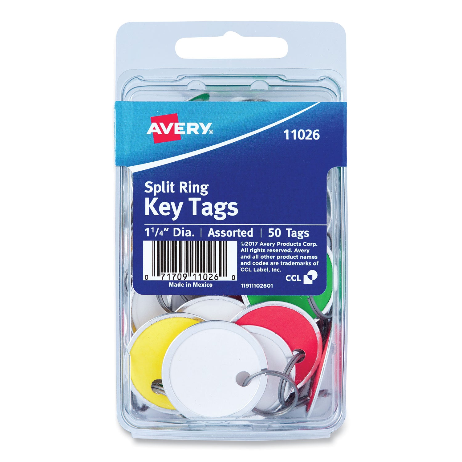Key Tags with Split Ring, 1.25" dia, Assorted Colors, 50/Pack - 