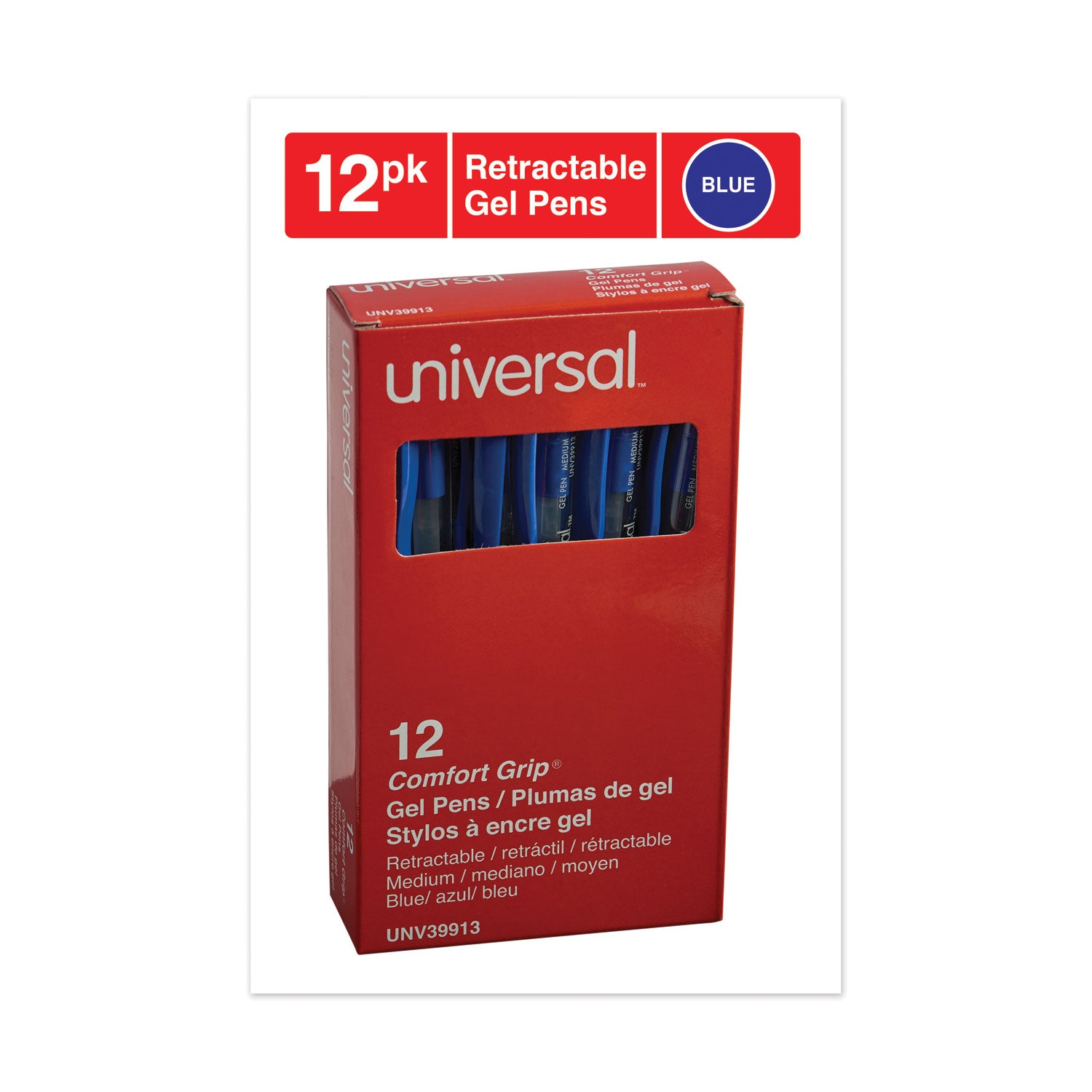 Comfort Grip Gel Pen, Retractable, Medium 0.7 mm, Blue Ink, Clear/Blue Barrel, Dozen