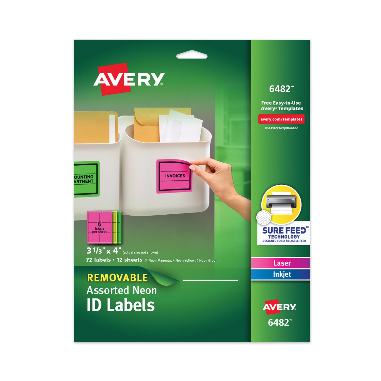 High-Vis Removable Laser/Inkjet ID Labels w/ Sure Feed, 3.33 x 4, Neon, 72/PK - 