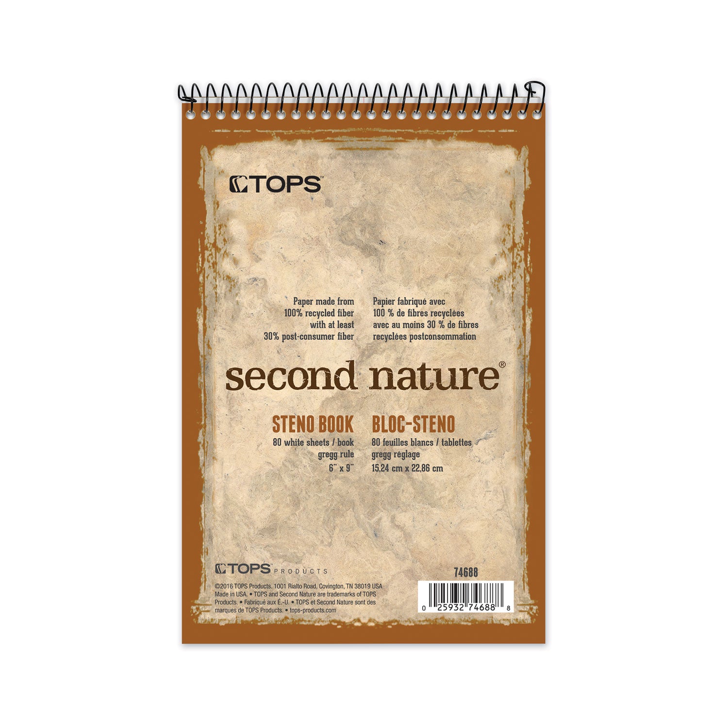 Second Nature Recycled Notepads, Gregg Rule, Brown Cover, 80 White 6 x 9 Sheets - 