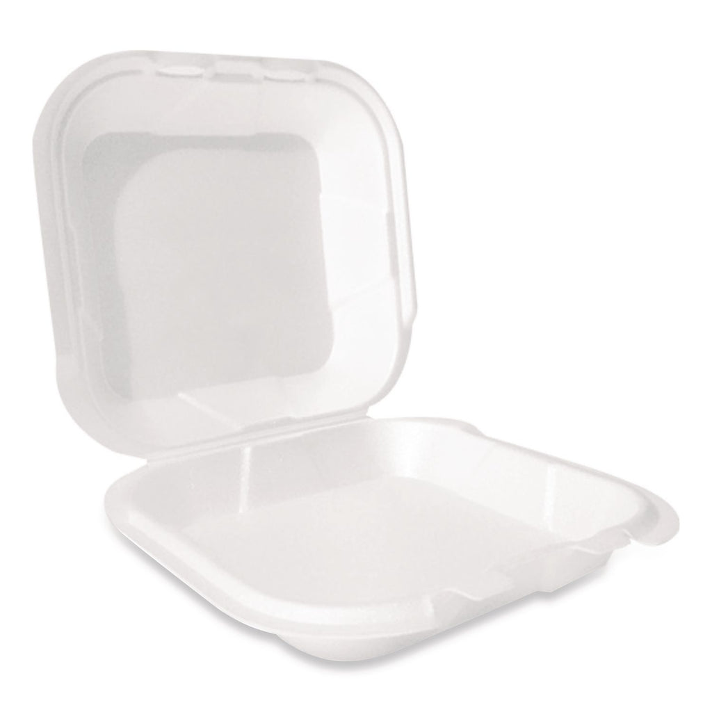 Foam Hinged Lid Container, Secure Two Tab Latch, Poly Bag, 9 x 9 x 3, White, 100/Bag, 2 Bags/Carton
