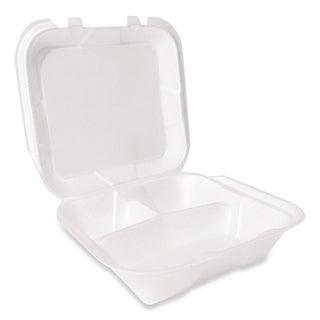 Foam Hinged Lid Container, Secure Two Tab Latch, Poly Bag, 3-Compartment, 9 x 9 x 3, White, 100/Bag, 2 Bags/Carton