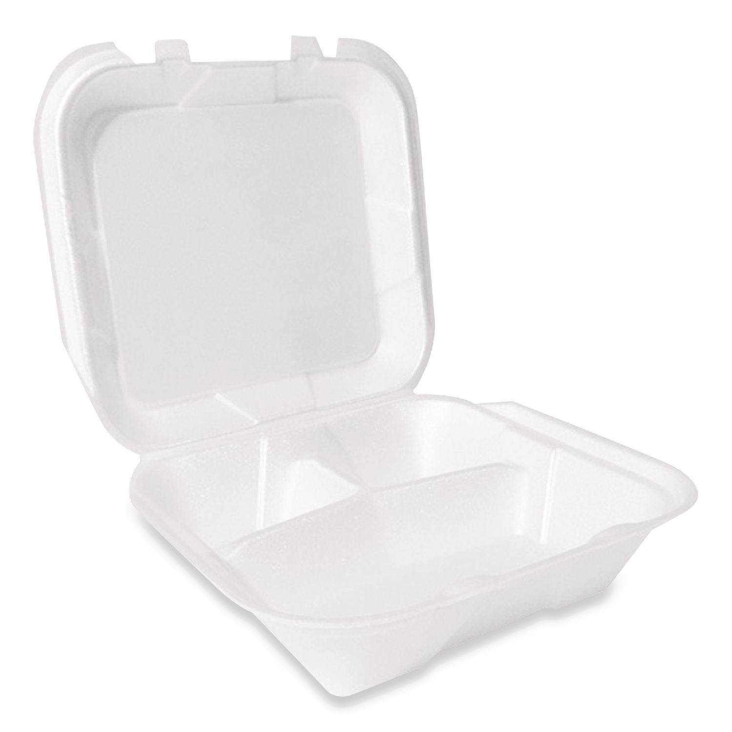 Foam Hinged Lid Container, Secure Two Tab Latch, Poly Bag, 3-Compartment, 9 x 9 x 3, White, 100/Bag, 2 Bags/Carton