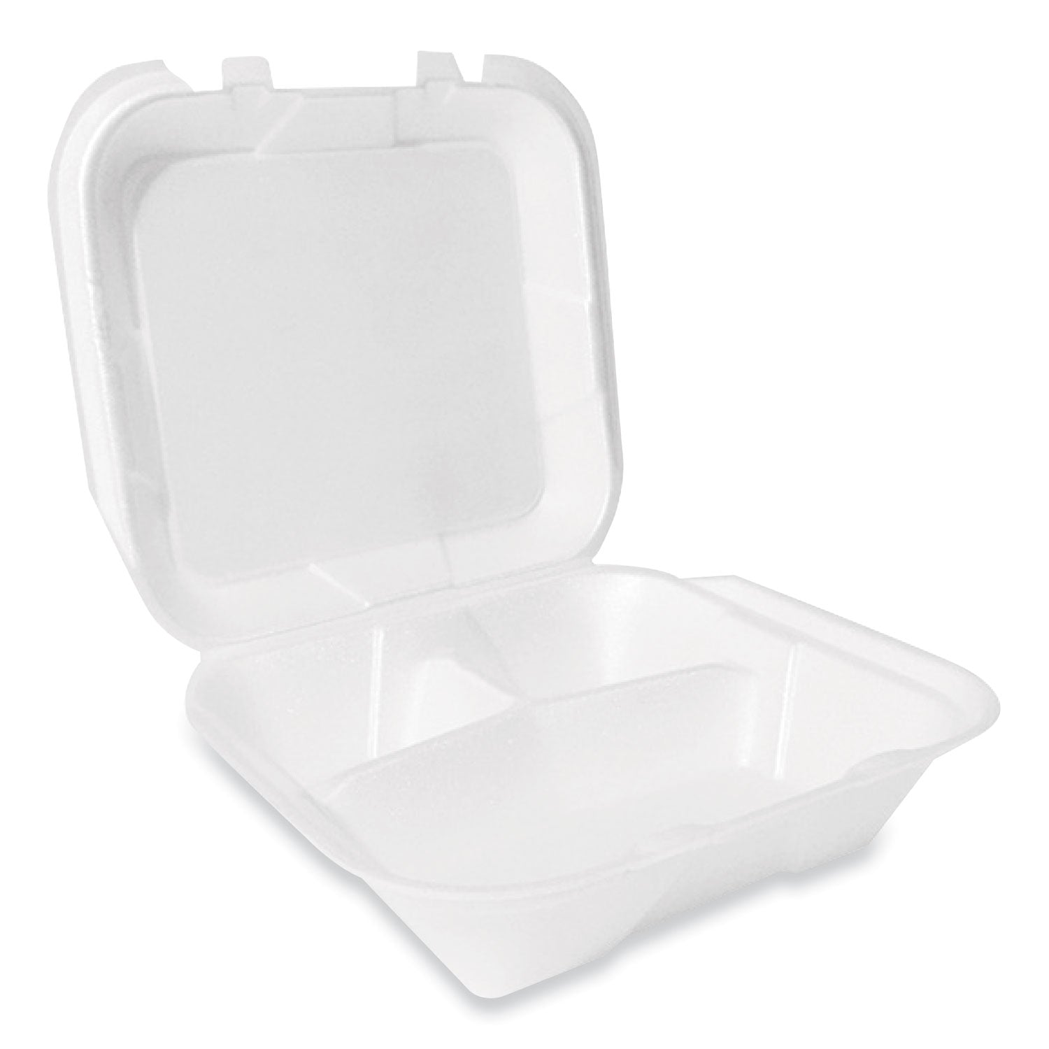 foam-hinged-lid-container-secure-two-tab-latch-poly-bag-3-compartment-9-x-9-x-3-white-100-bag-2-bags-carton_pst12094 - 1