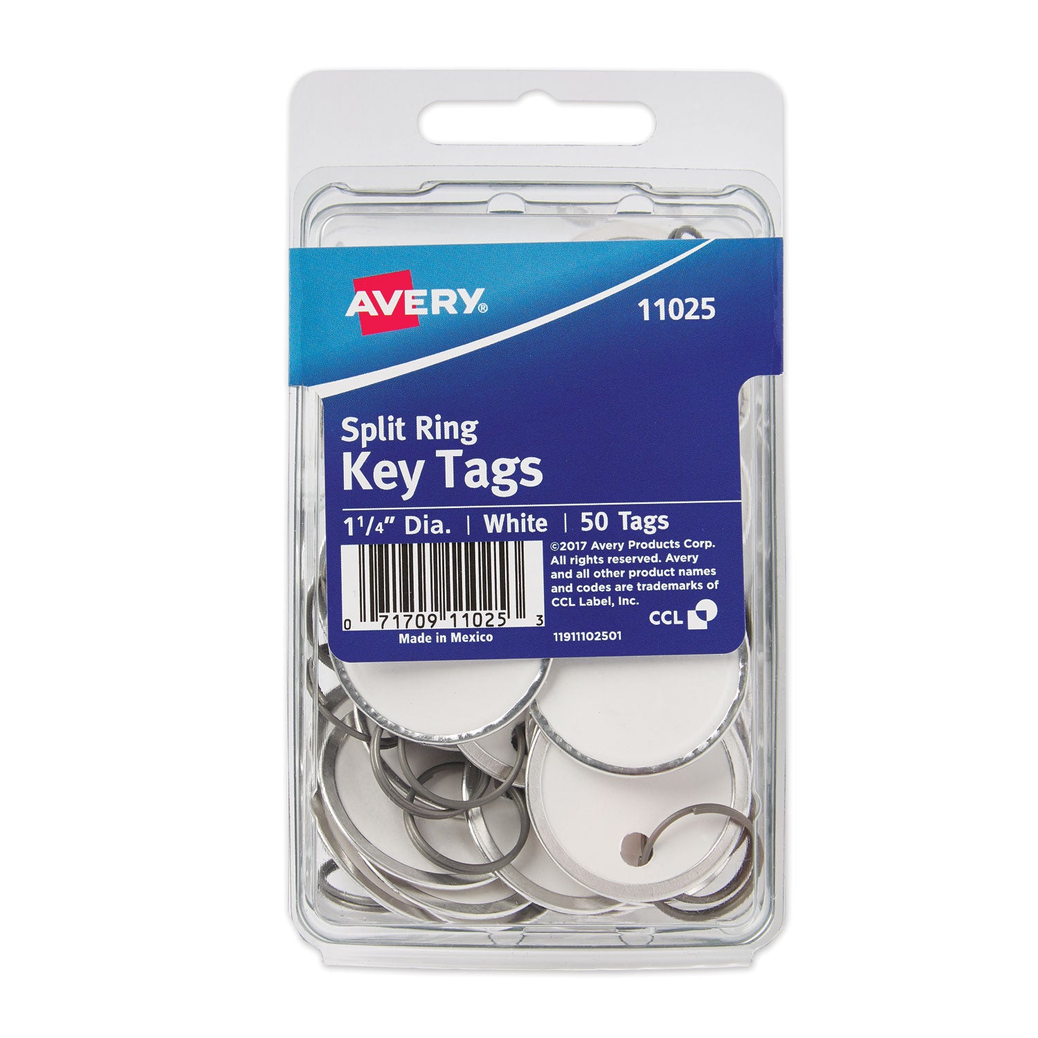 Key Tags with Split Ring, 1.25" dia, White, 50/Pack - 